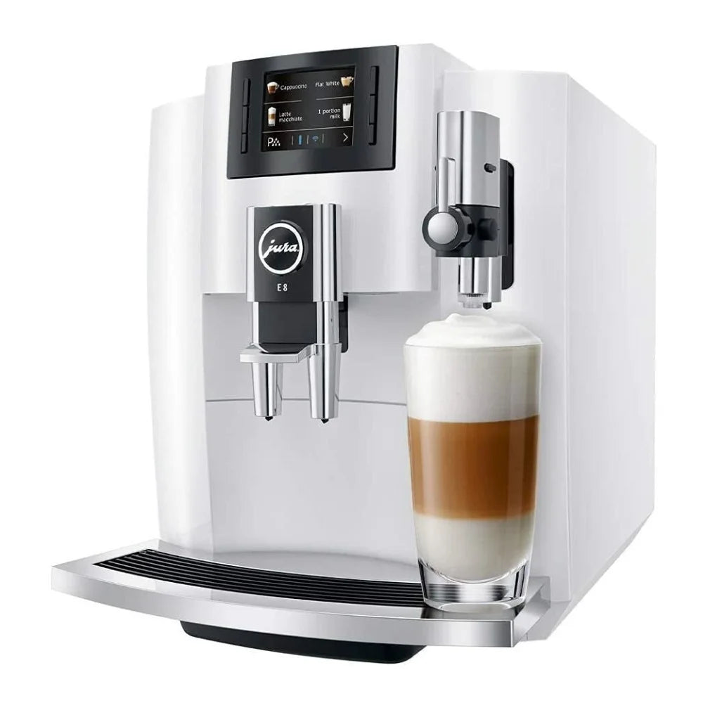 JURA E8 Automatic Espresso Machine + Glass Milk Container (Piano White)