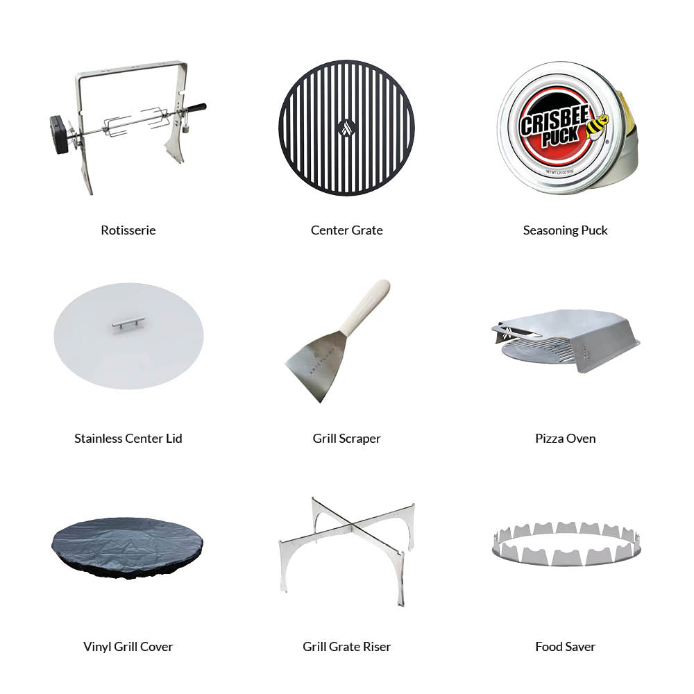 Expanded Arteflame accessory kit including pizza oven, vinyl cover, grate riser, food saver, rotisserie, center lid, grill scraper, grate, and seasoning puck.