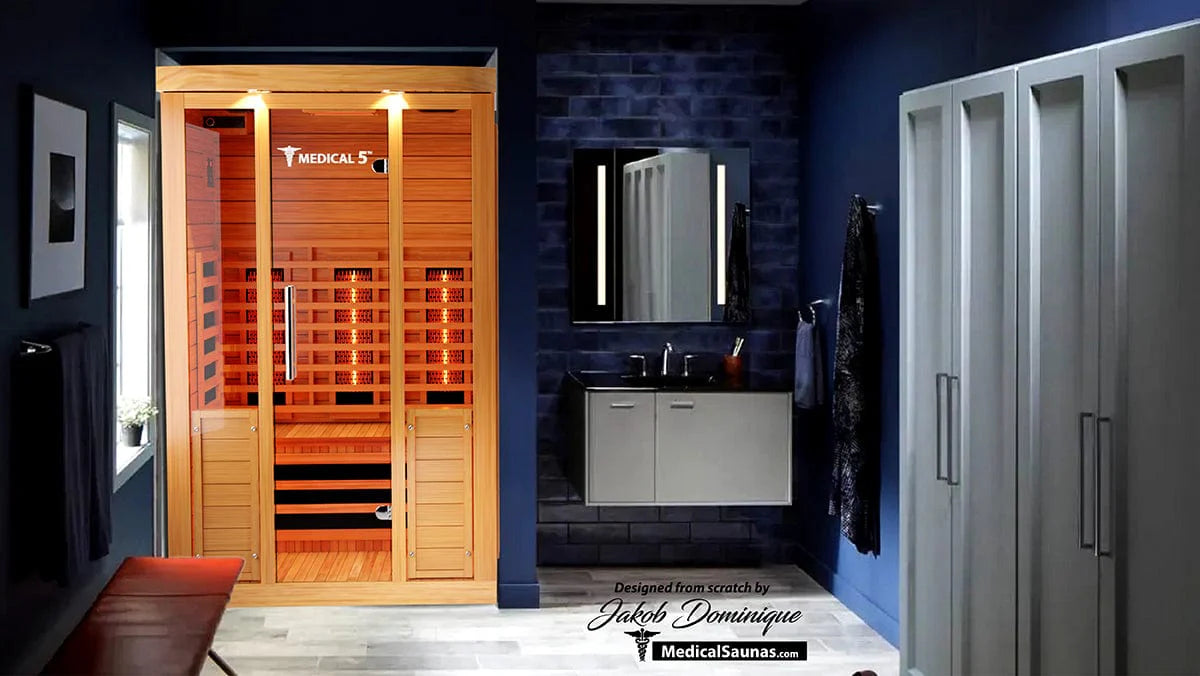 Medical Saunas Medical 5 installed in a modern bathroom with blue walls and white cabinets.