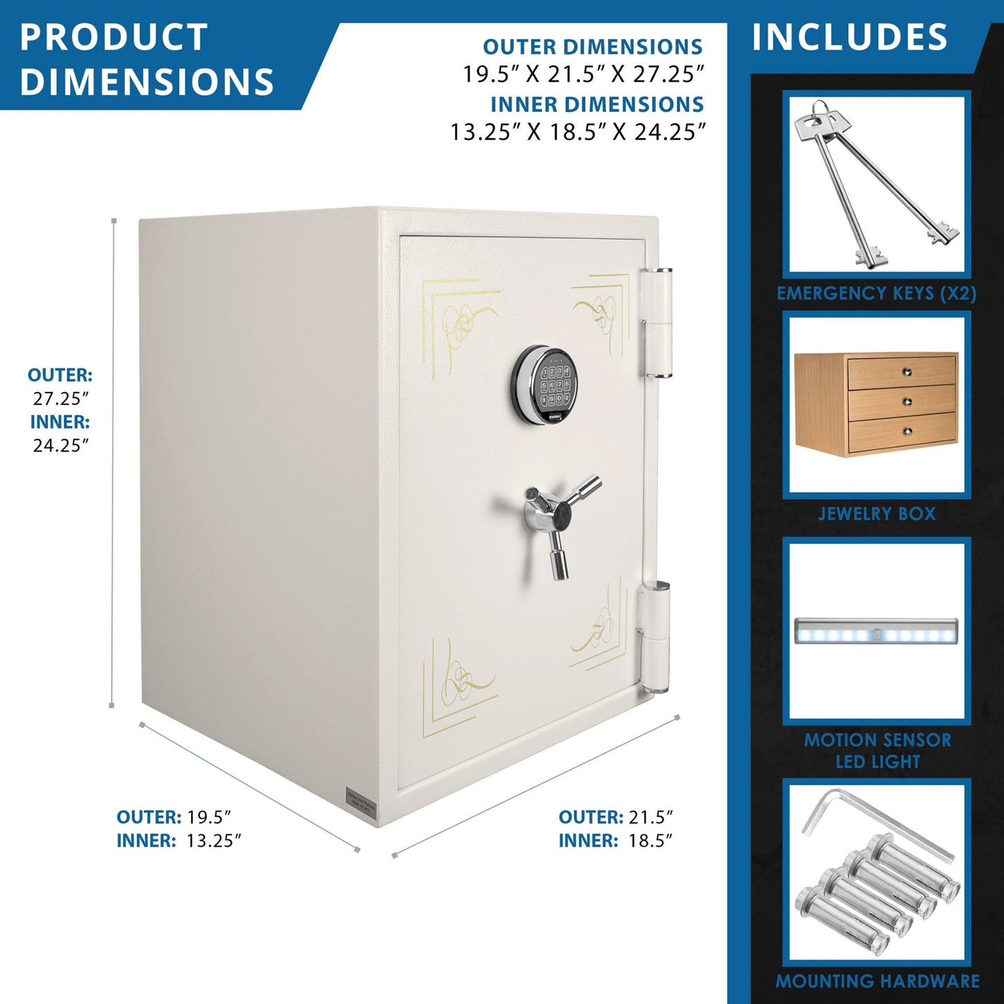 “Barska AX13614 fireproof jewelry safe with illustrated exterior and interior dimensions, shown alongside included accessories such as emergency keys, jewelry box, LED light, and mounting hardware.”