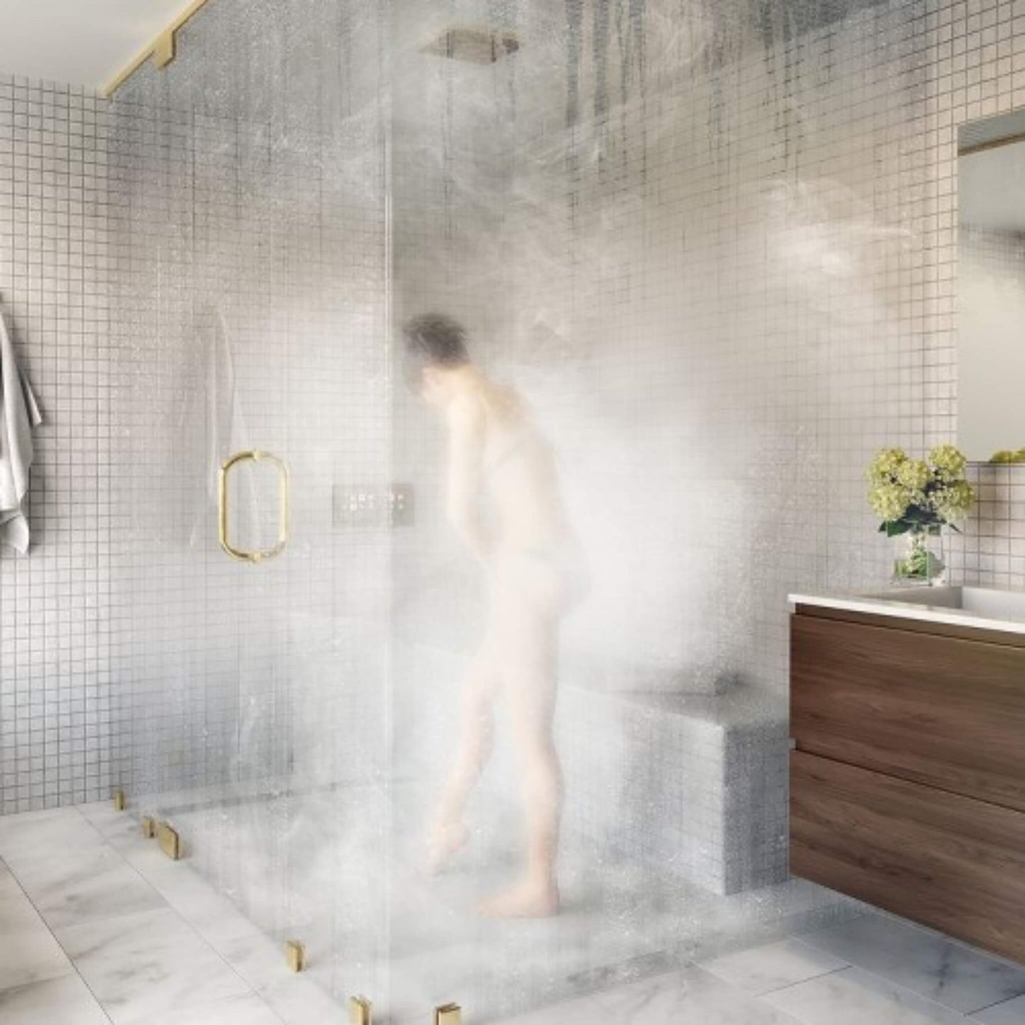 “Luxury steam shower filled with steam during in-use session.”
