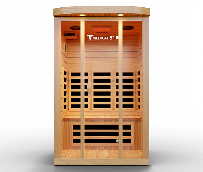 “Medical Saunas Medical 5 front view – 3-person full-spectrum infrared sauna in Canadian hemlock”