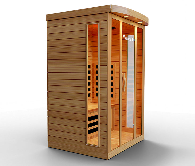 “Angled view of Medical Saunas Medical 5 showing wood construction and glass front”