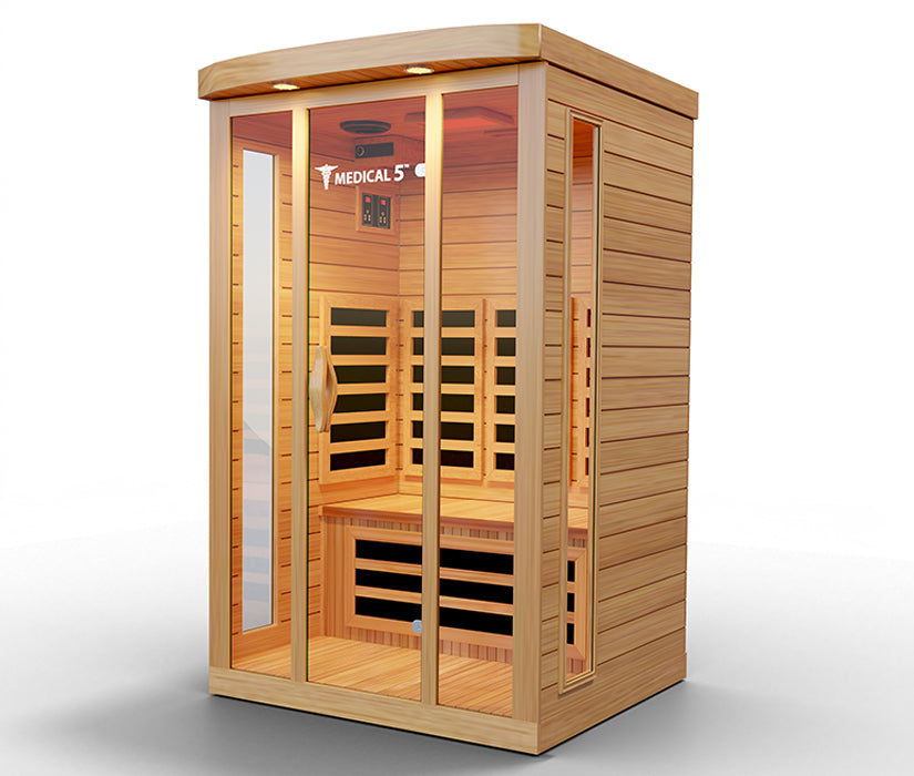 “Angled view of Medical Saunas Medical 5 showing wood construction and glass front”