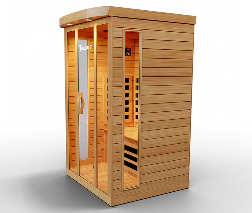 “Angled view of Medical Saunas Medical 5 showing wood construction and glass front”