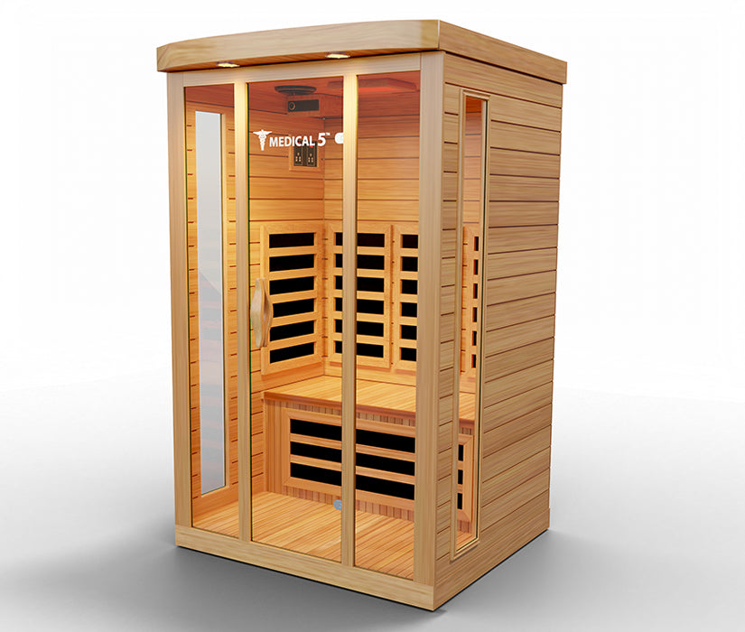 “Angled view of Medical Saunas Medical 5 showing wood construction and glass front”