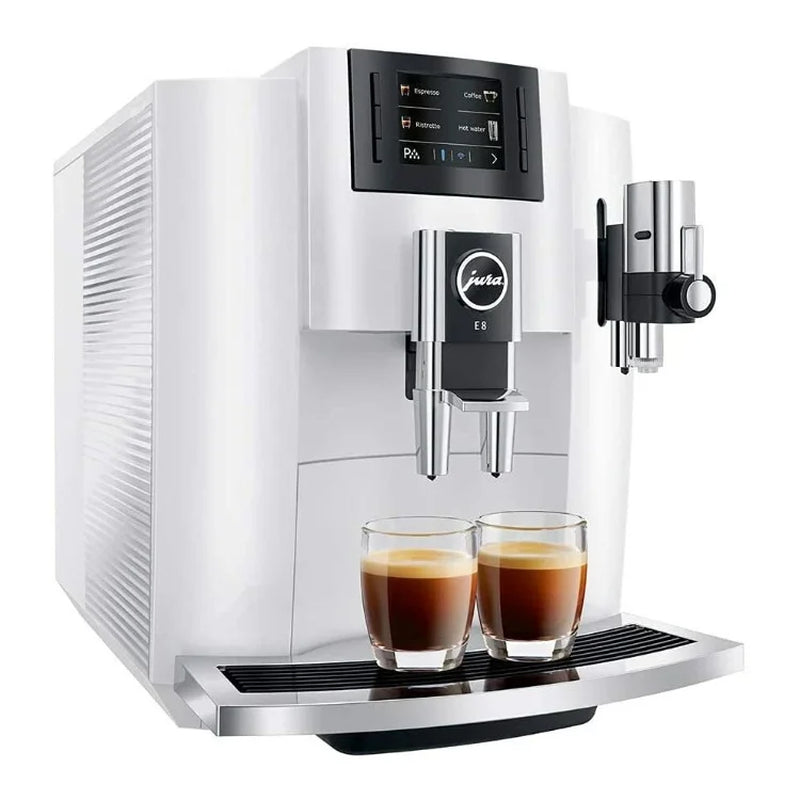JURA E8 Automatic Espresso Machine + Glass Milk Container (Piano White) 