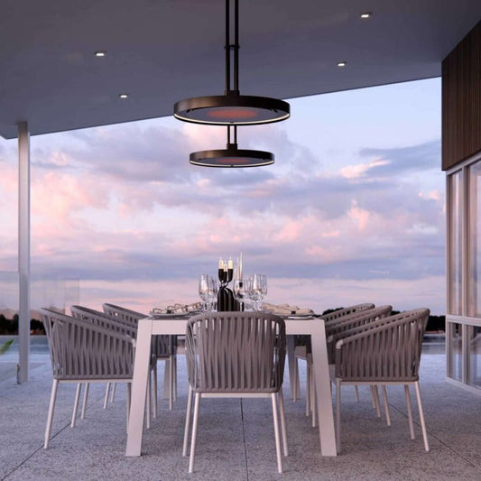 Main hero image – full view of heater mounted on patio ceiling overlooking outdoor dining area