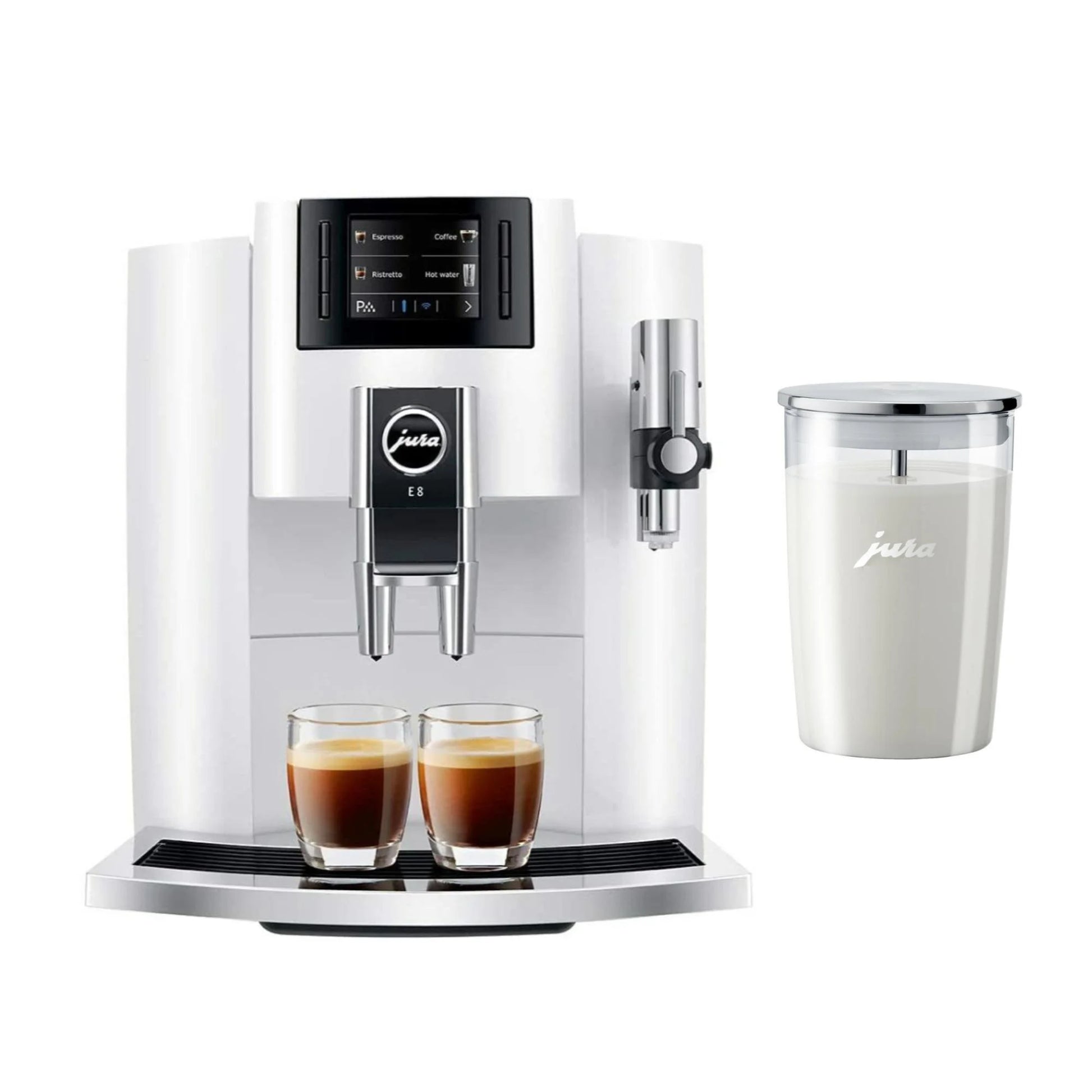 JURA E8 Automatic Espresso Machine + Glass Milk Container (Piano White) 