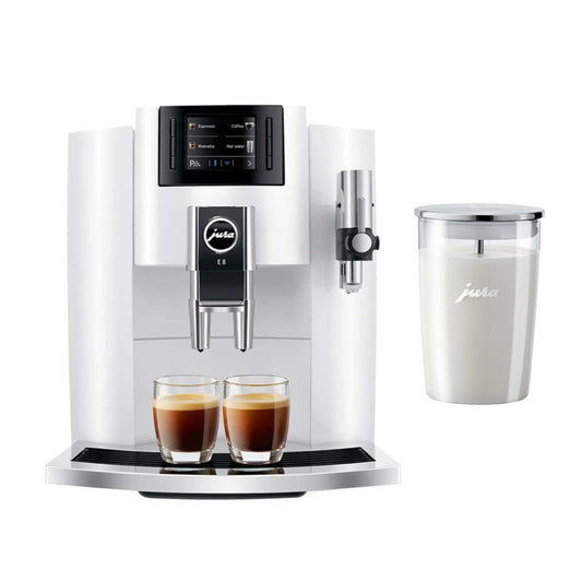 JURA E8 Automatic Espresso Machine + Glass Milk Container (Piano White) 