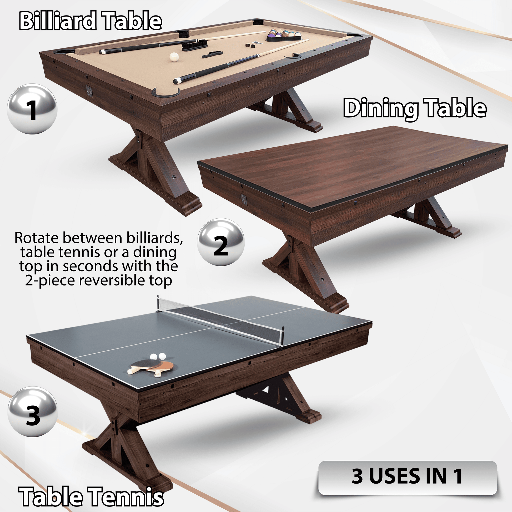 Freetime Fun The Rockford 7' Multi-Game Table with Benches – Farmhouse Dining / Pool & Table Tennis Combo