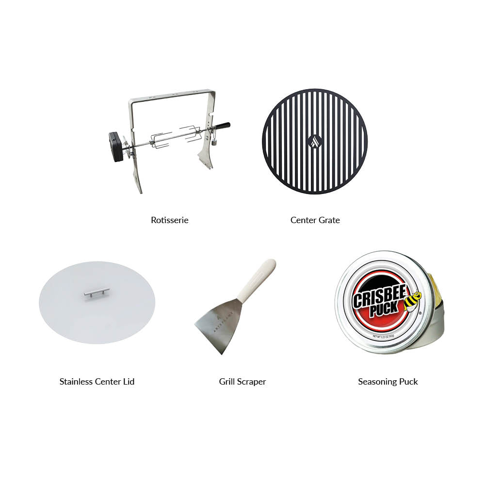 Arteflame accessory bundle including center grate, rotisserie, stainless center lid, grill scraper, and seasoning puck.