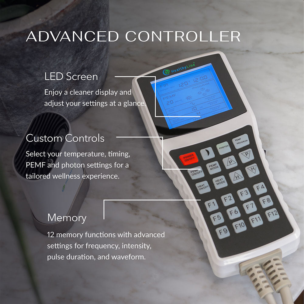Advanced controller with LED screen and custom controls on a marble surface