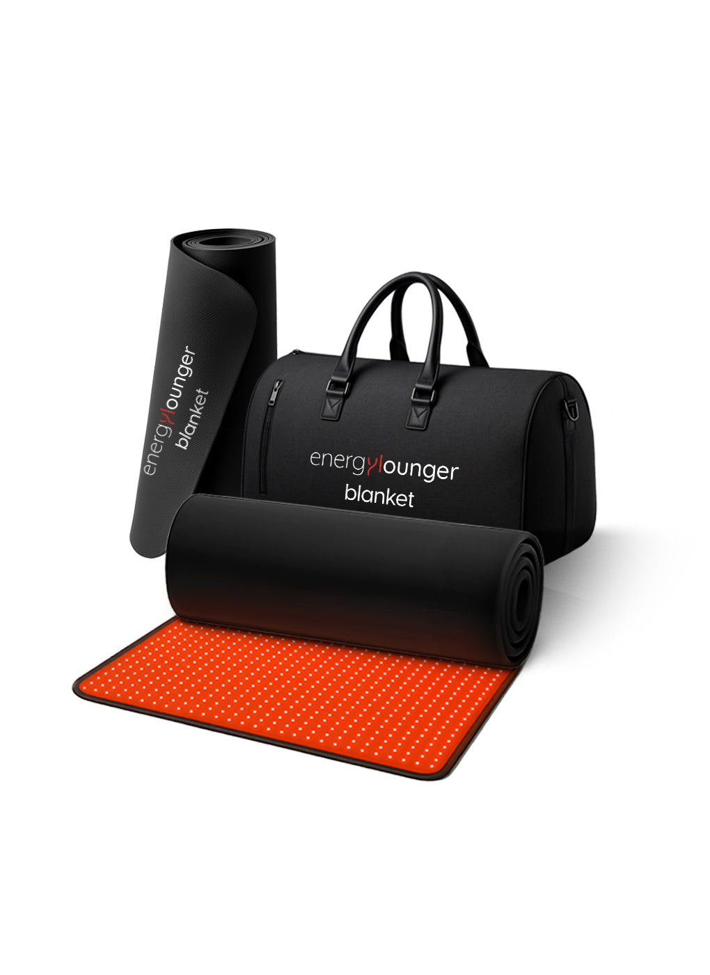 EnergyLounger Blanket with travel bag, rolled wrap, and LED mat on white background.