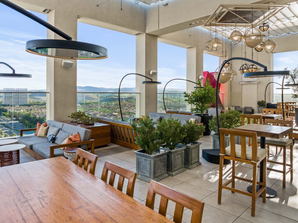 Rooftop restaurant with Bromic Eclipse heater illuminating dining tables