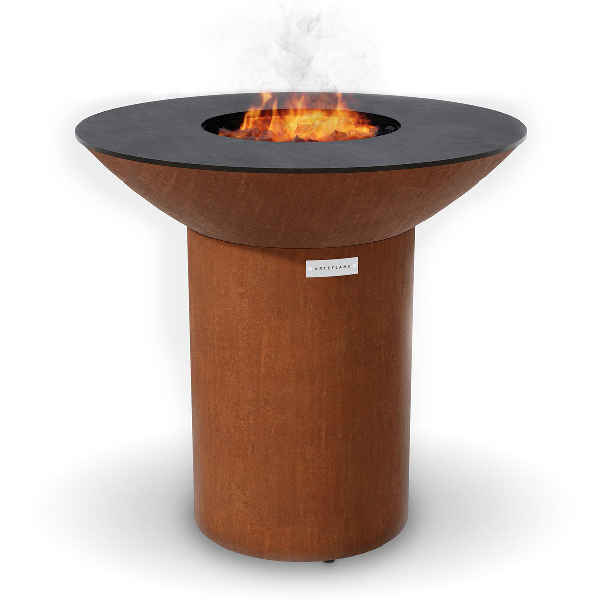 Arteflame Classic 40-inch Grill with Round Base showing the center fire bowl burning without food.