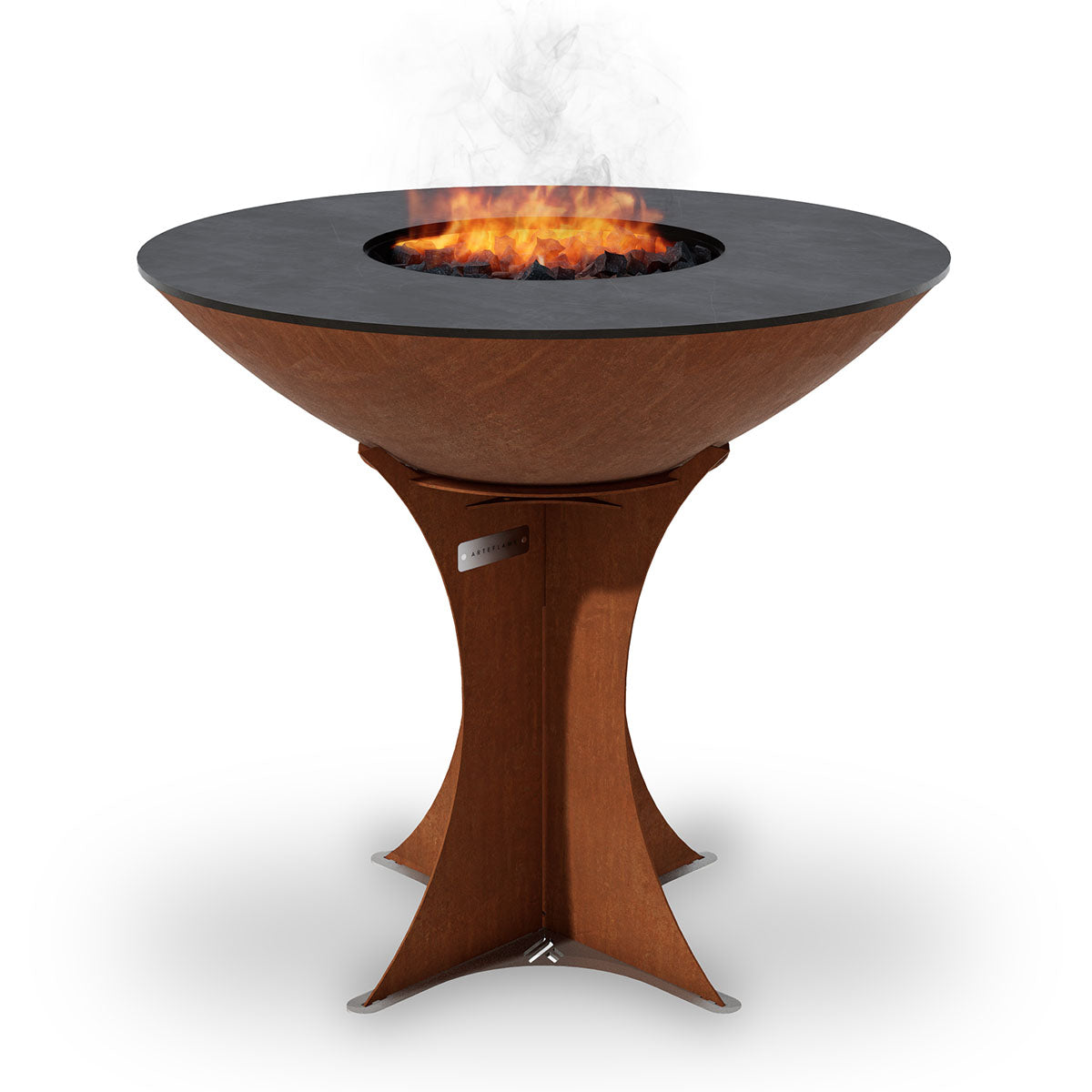Arteflame XXL 40-inch Corten steel grill with fire bowl burning in the center.