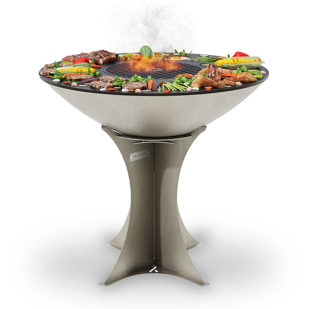 Arteflame 40-inch Flat Top Grill with High Euro Base in stainless steel finish, filled with assorted grilled foods.