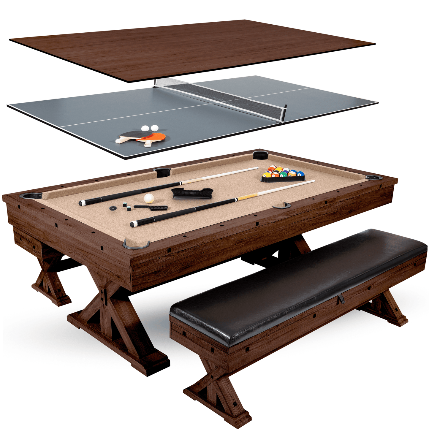 Freetime Fun The Rockford 7' Multi-Game Table with Benches – Farmhouse Dining / Pool & Table Tennis Combo