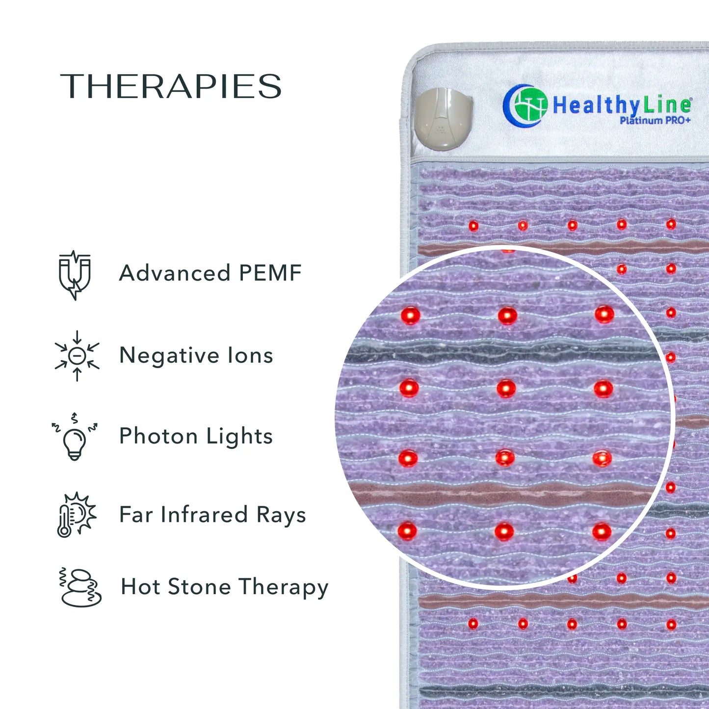 HealthyLine Platinum Pro+ mat with therapies listed on a white background