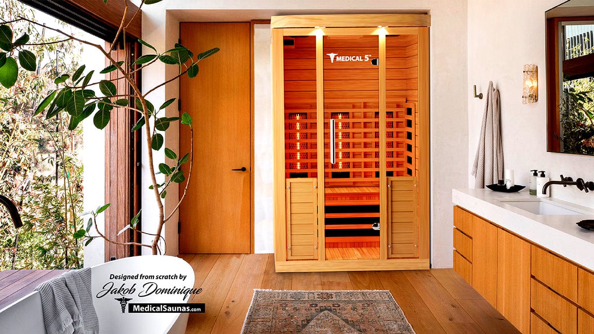 Infrared sauna in a modern home setting with wooden interior and visible brand name.