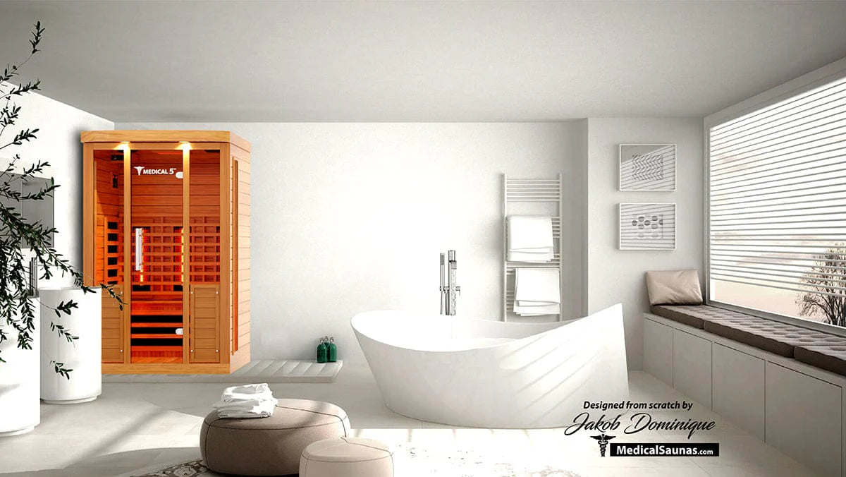 Modern bathroom with a Medical Saunas Medical 5 installed, bathtub, and window.