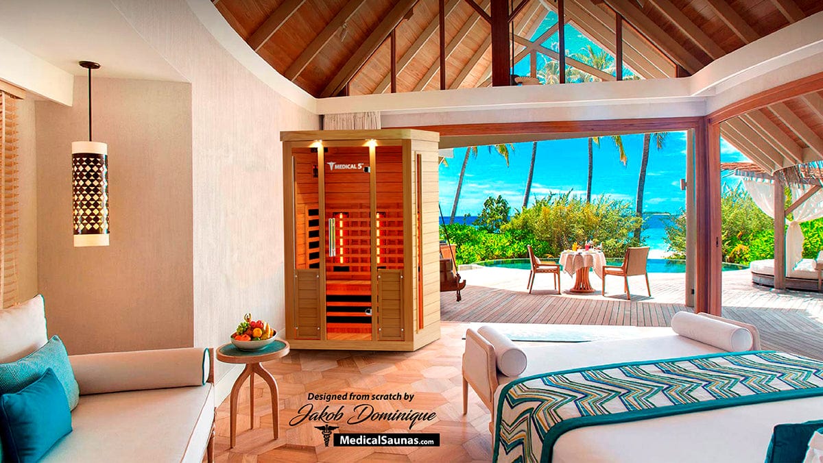 Medical Saunas Medical 5 installed in a luxurious bedroom with a view of a pool and garden.