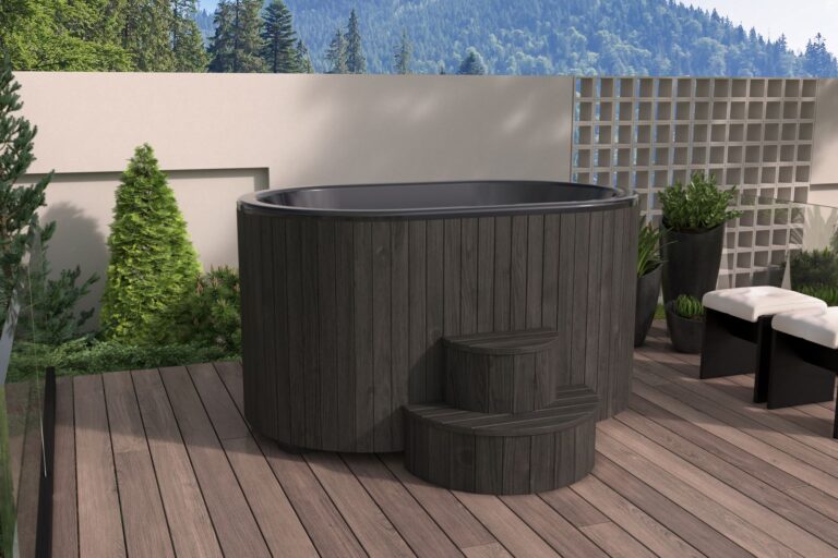 SaunaLife Soak-Series S2 hot and cold immersion tub in black Thermo-Pine exterior placed on a modern outdoor deck