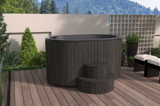 SaunaLife Soak-Series S2 hot and cold immersion tub in black Thermo-Pine exterior placed on a modern outdoor deck