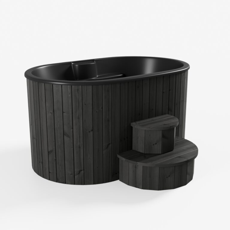 SaunaLife S2 immersion tub in Black Thermo-Pine finish with matching steps on white background