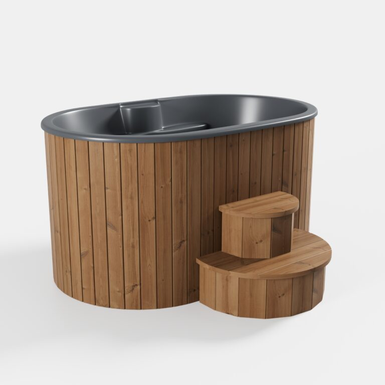 SaunaLife S2 immersion tub in Natural Thermo-Pine finish with matching steps on white background