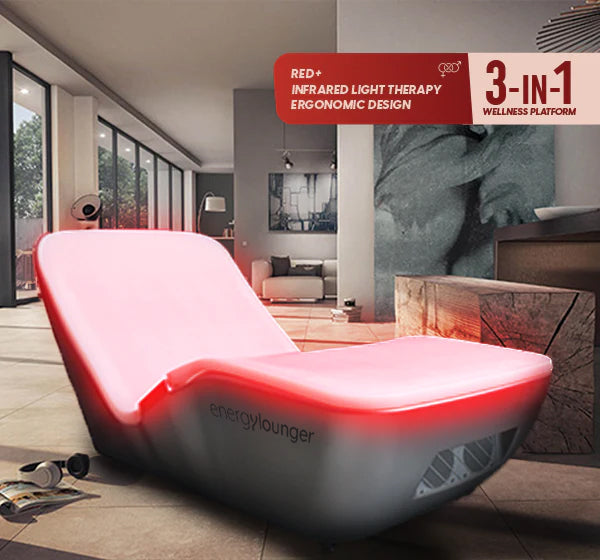 EnergyLounger full-body red light therapy system in a clinical wellness room showing 3-in-1 treatment capability.