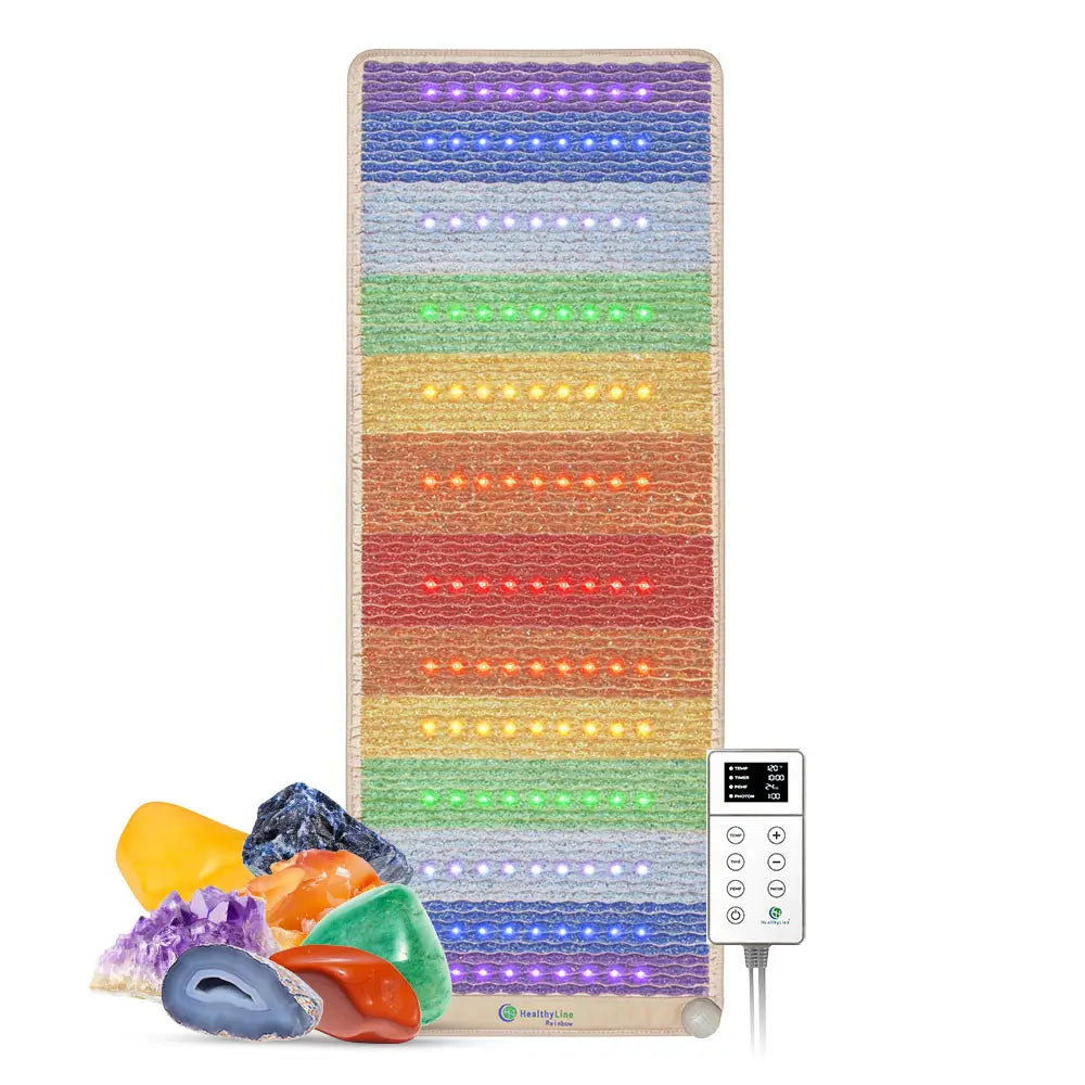 HealthyLine Rainbow Chakra Mat 74x28 full-body wellness mat showing seven-gemstone surface and controller