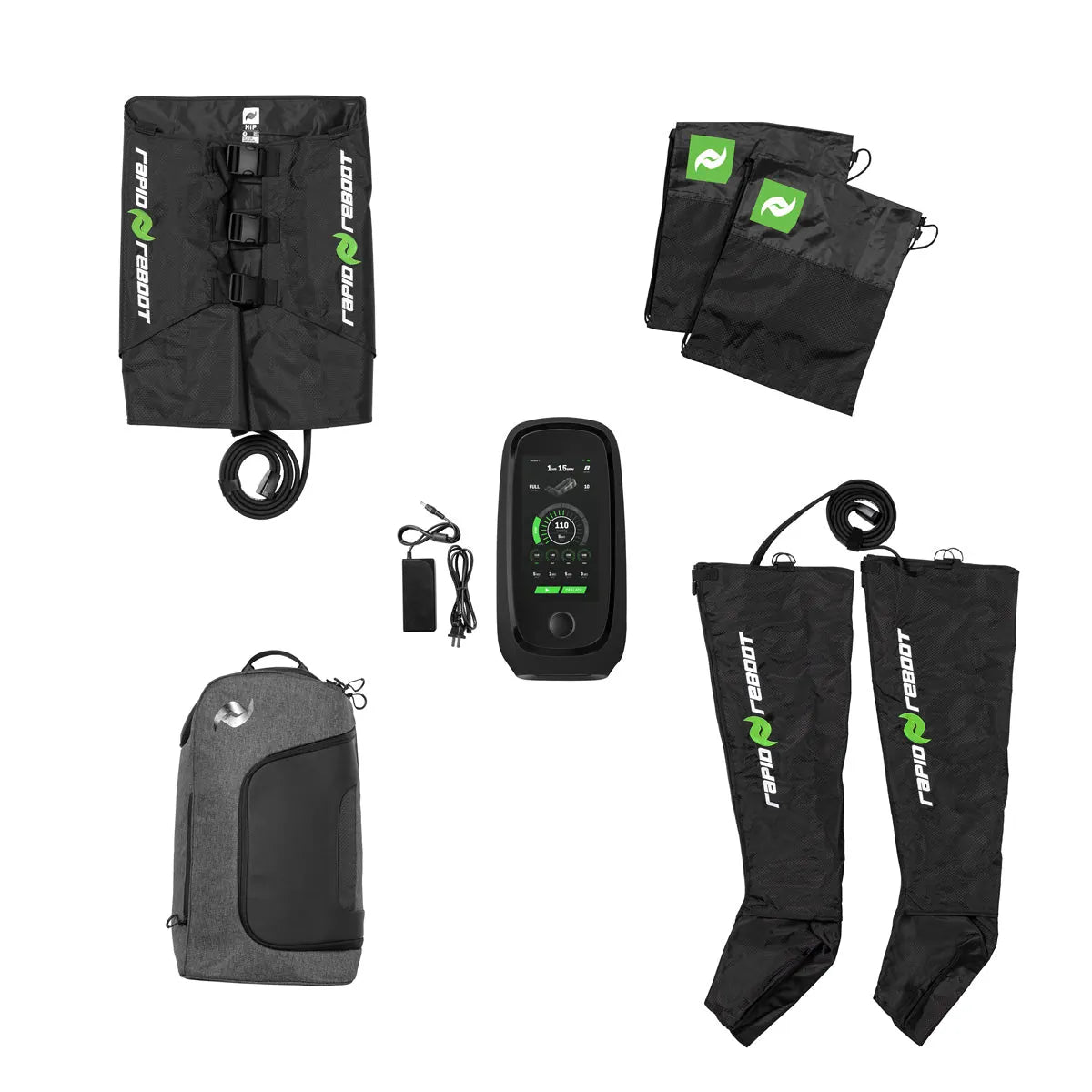 “Rapid Reboot REGEN Boots and Hips full recovery package with control unit and carry bag.”