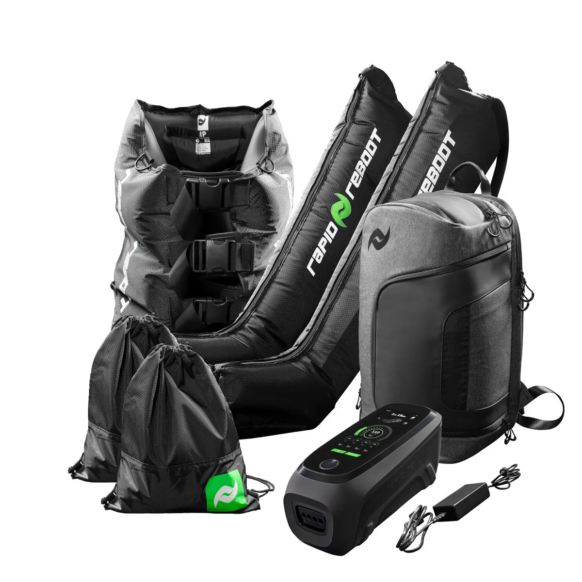 “Rapid Reboot REGEN Boots and Hips full recovery package with control unit and carry bag.”