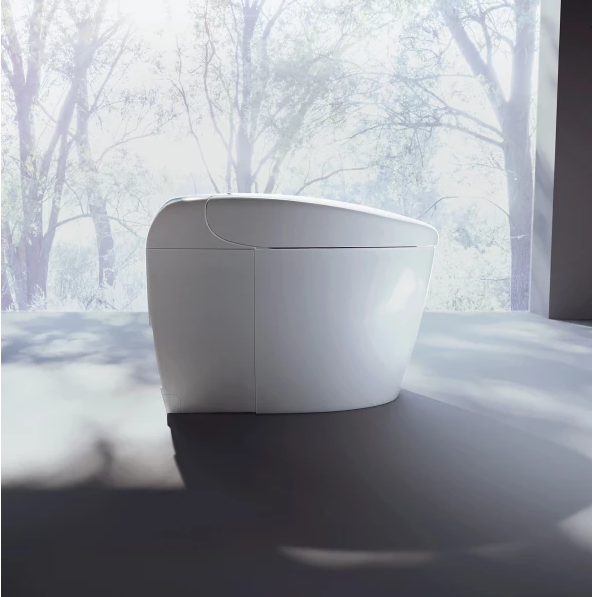 Angled view of TOTO Neorest RS smart toilet with soft curved design
