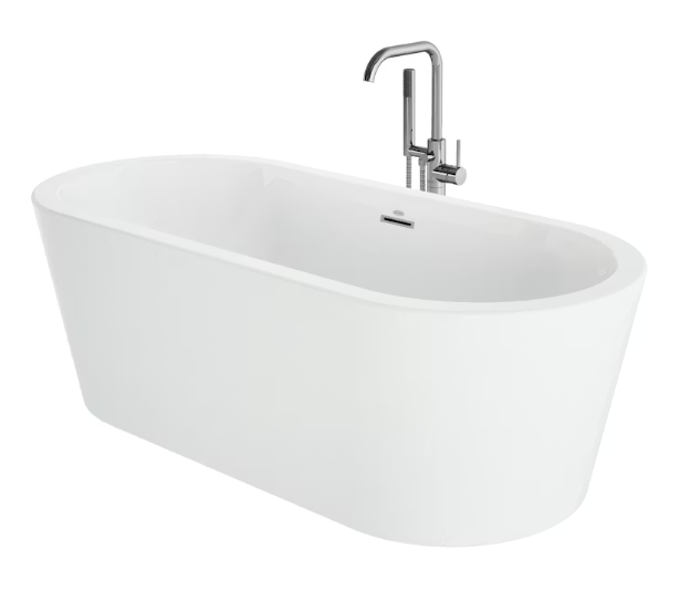 Jacuzzi Celeste 7032 soaking tub front angled view with center drain and linear overflow
