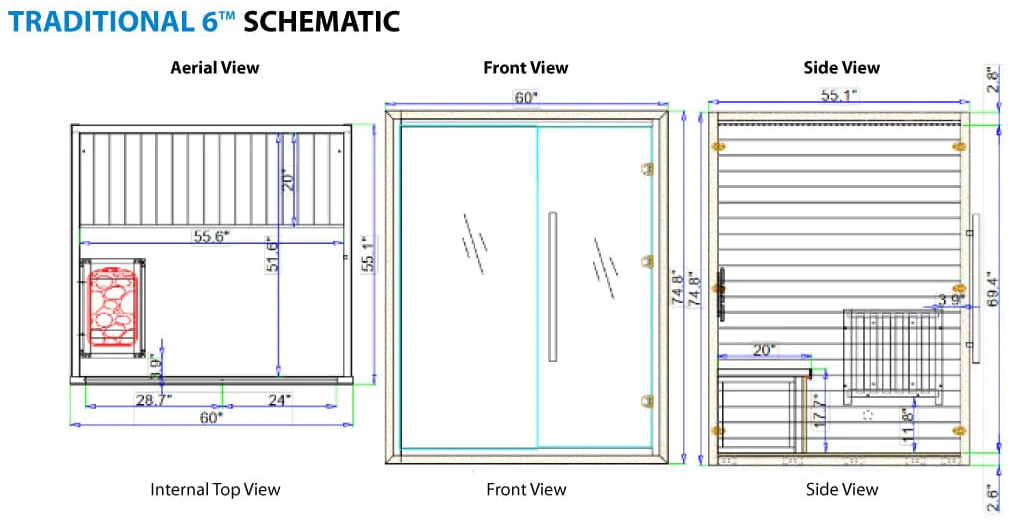 Medical Saunas Traditional 6 Steam Sauna – 2-Person Indoor Canadian Hemlock