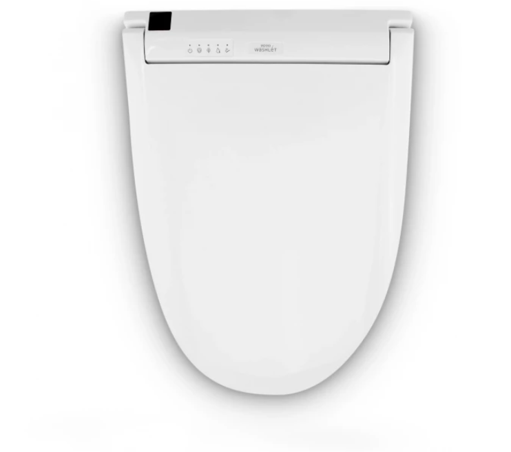 Top-down front view of TOTO WASHLET C5 seat lid with smooth white finish
