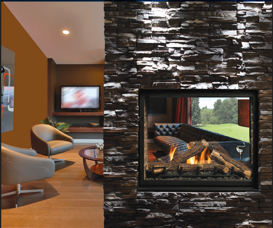 Kingsman MCVST42 installed in a dark stacked-stone wall with warm ambient flames