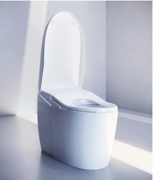 “TOTO Neorest AS with lid open showing elongated bowl and skirted design.”