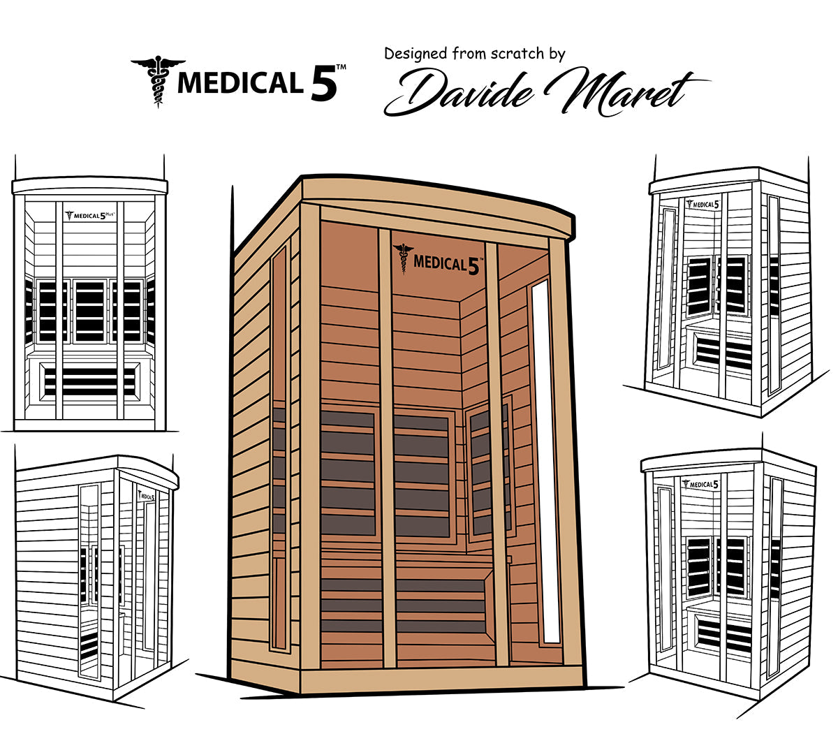 Wooden sauna with 'Medical 5' branding and black and white line drawings of similar saunas around it.