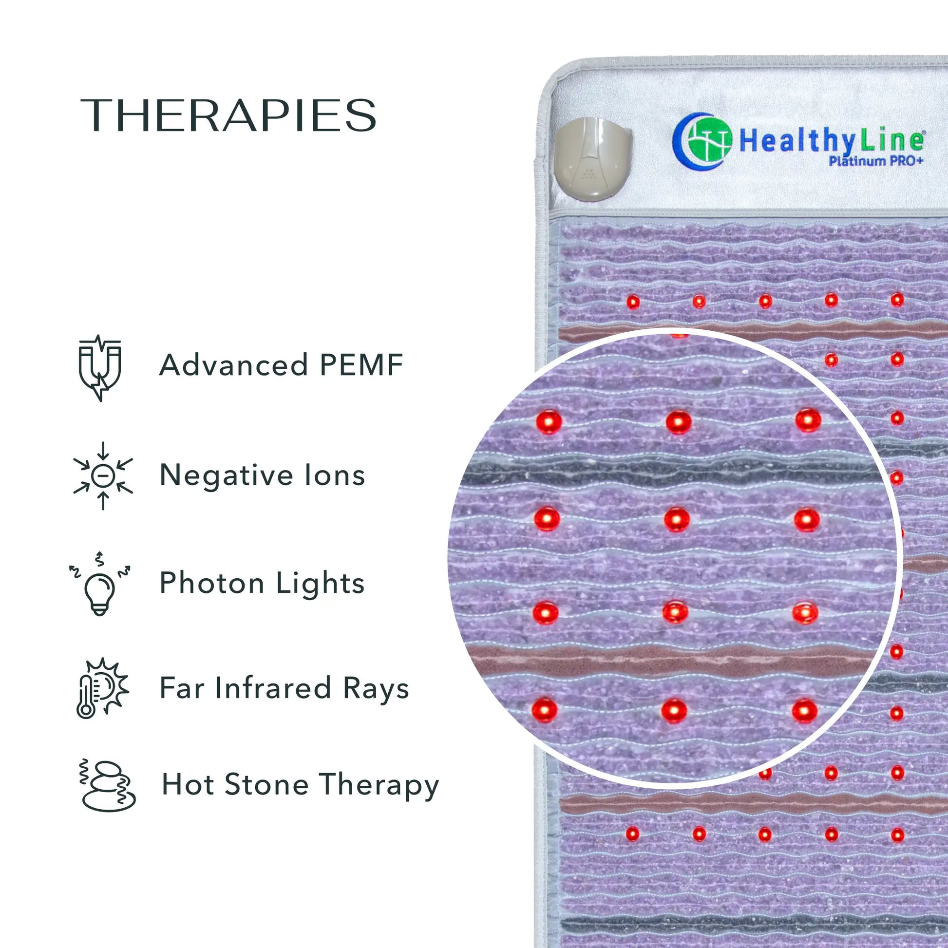 HealthyLine Platinum Pro+ mat with therapies listed on a white background