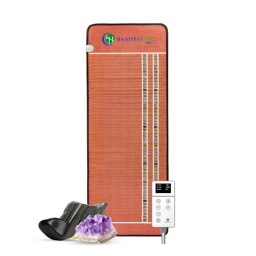 “HealthyLine TAO Pro PLUS 74×28 full-body heating mat shown with gemstone channels, LED digital controller, and three loose gemstones—amethyst, tourmaline, and obsidian—displayed in front of the mat.”
