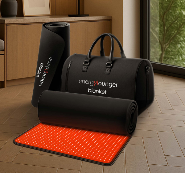 EnergyLounger Blanket with carry bag, rolled wrap, and LED therapy mat displayed in a wellness room.