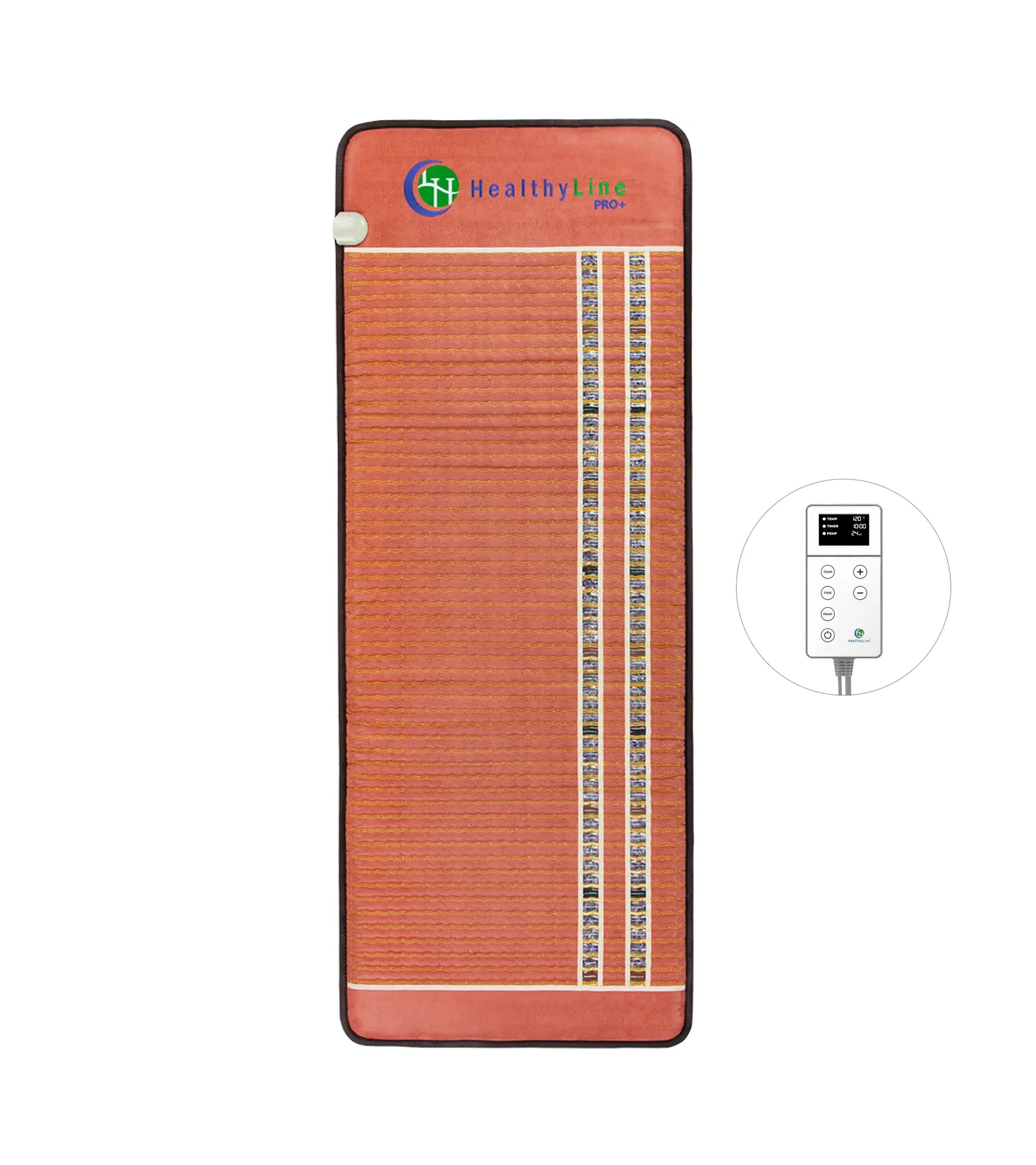 74x28 Full-length HealthyLine TAO Pro PLUS mat in orange-brown with gemstone channels, shown on a white background with the LED digital controller displayed to the right.”