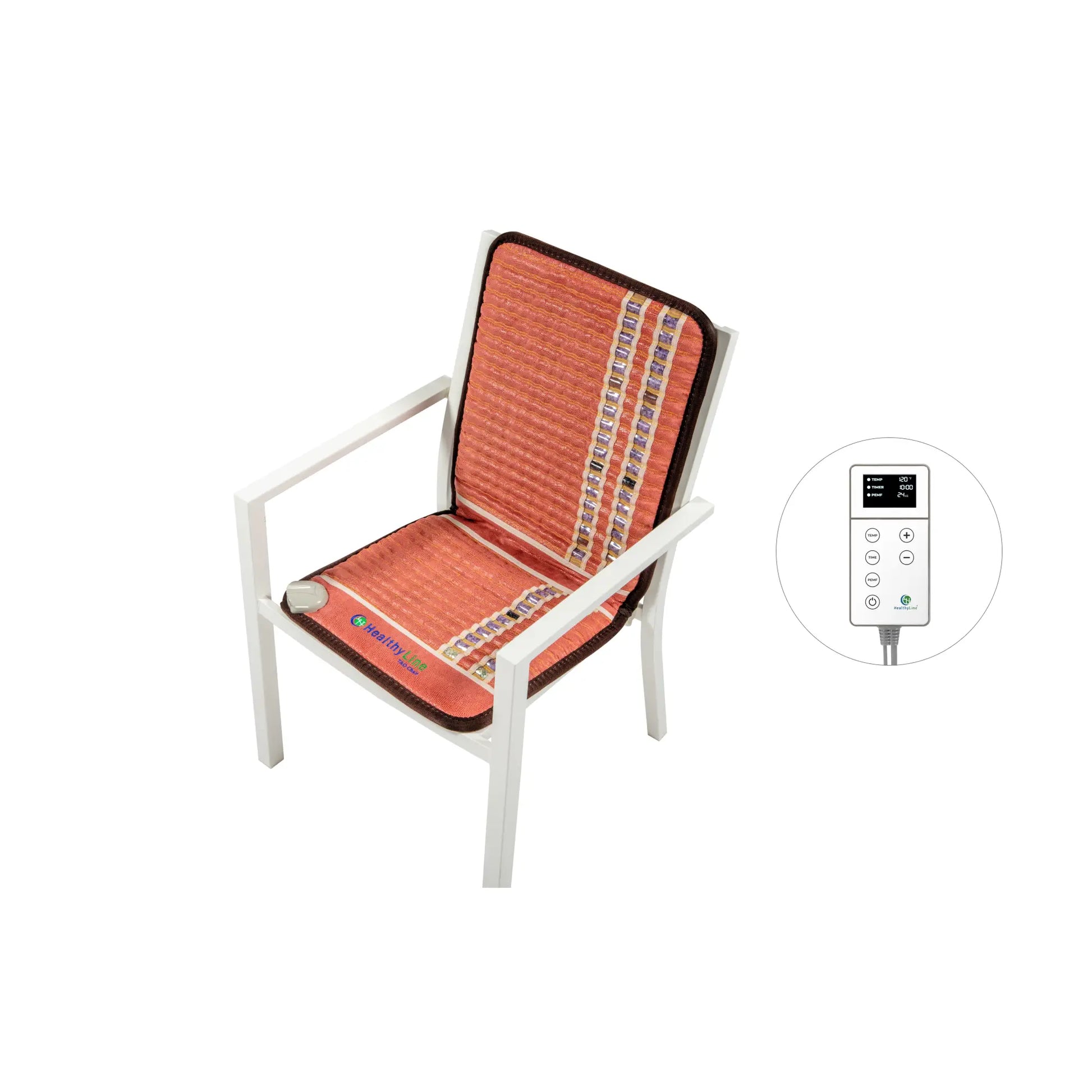 Electric heating pad on a chair with a control device on a white background