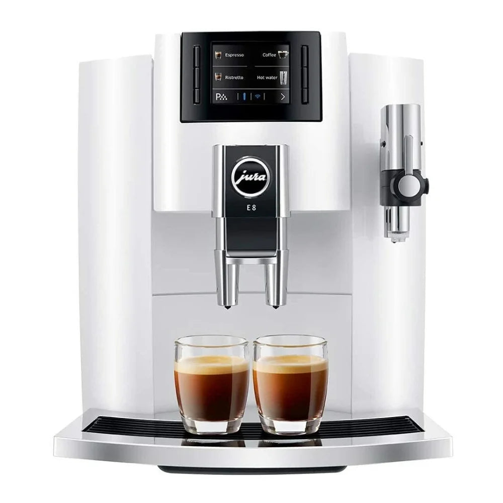 JURA E8 Automatic Espresso Machine + Glass Milk Container (Piano White) 