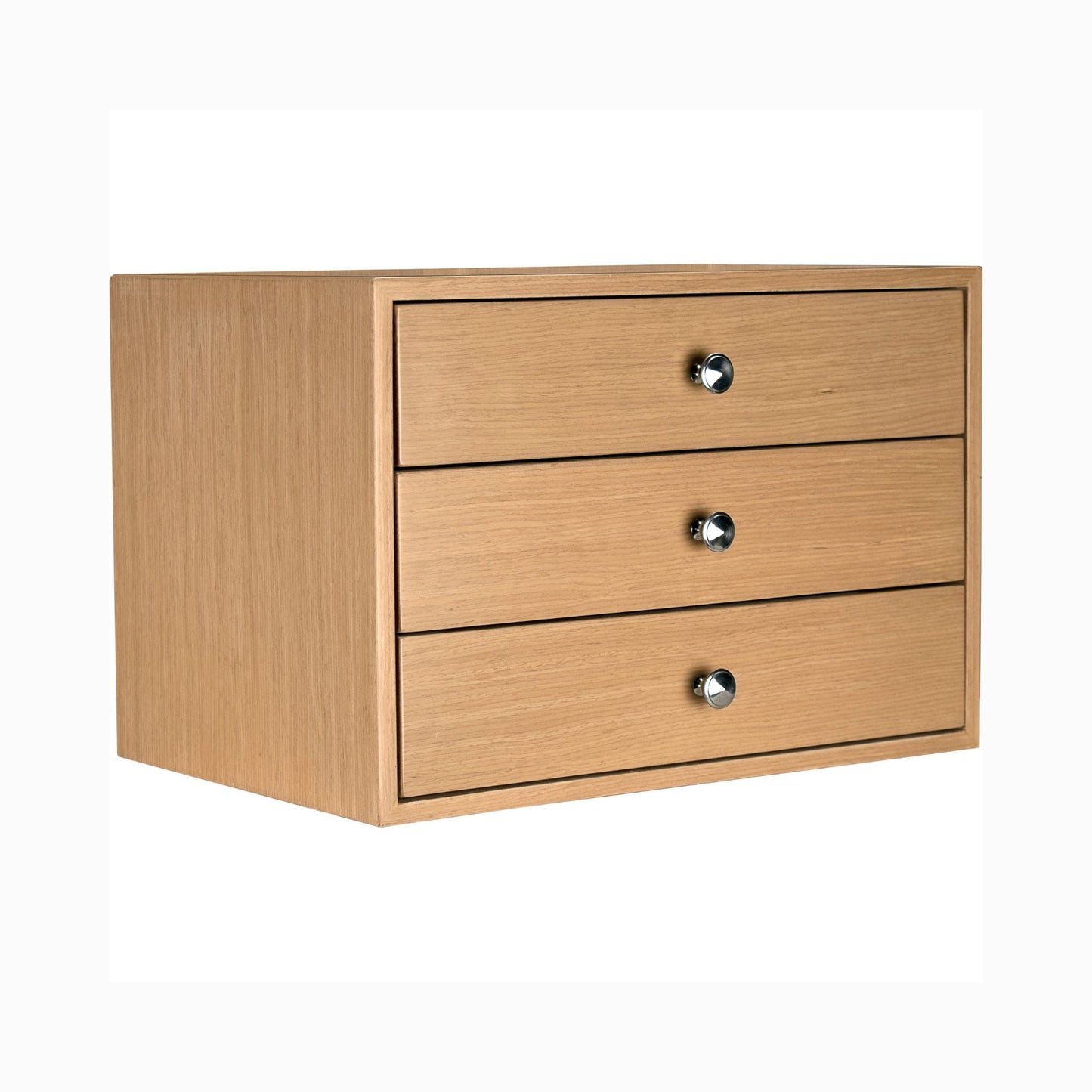 “Three-drawer wooden jewelry box in natural finish with chrome knobs.”