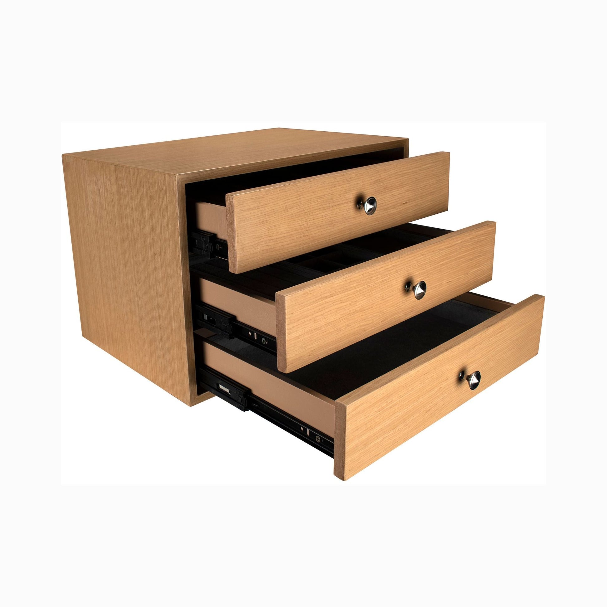 “Three-drawer wooden jewelry box in natural finish with chrome knobs.”